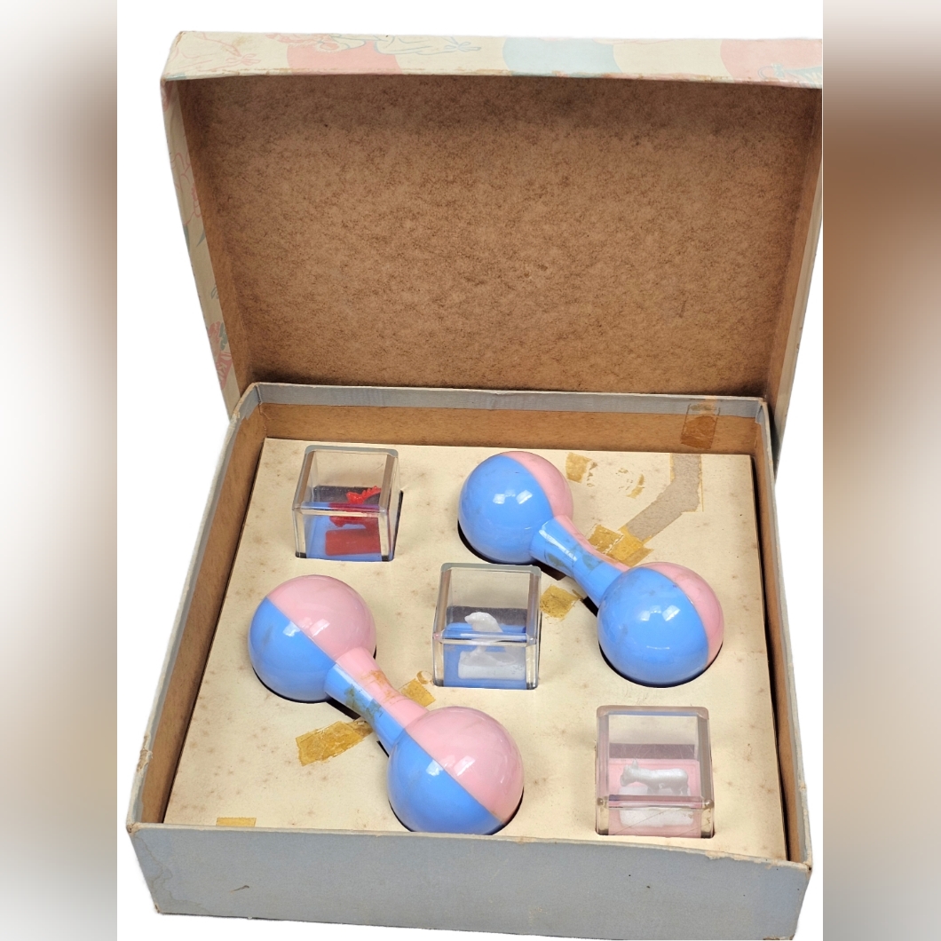 Vintage 1950s Kusan KuddlToys Baby Rattle  Charm Cube Set Orig Box Mid Century